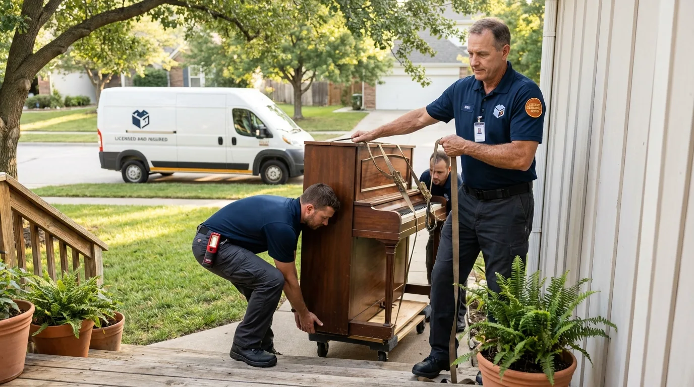 Licensed piano movers securing grand piano in Weatherford, TX