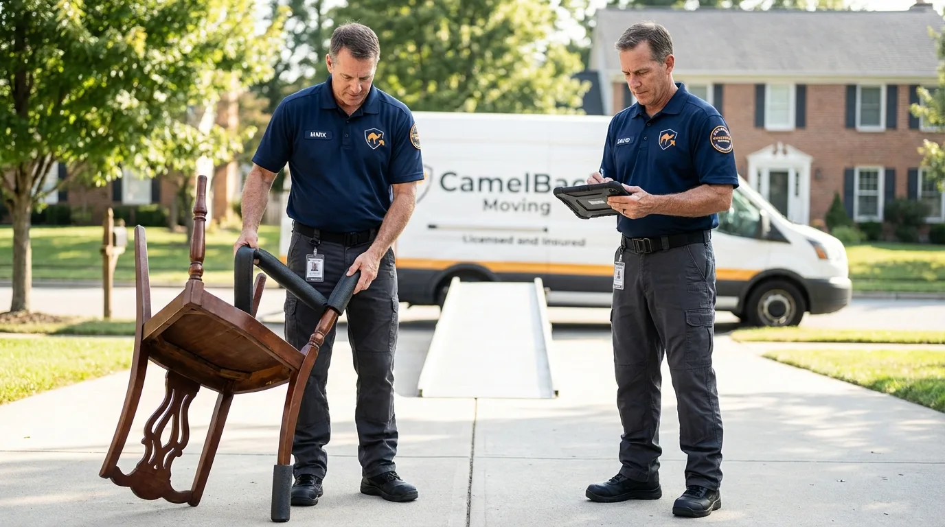 Movers inspecting furniture for damage prevention before loading in Weatherford, TX
