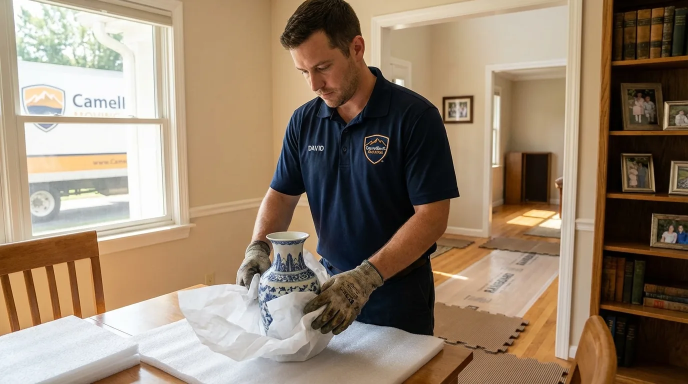 Professional crew carefully wrapping antique vase for senior downsizing move in Weatherford, TX